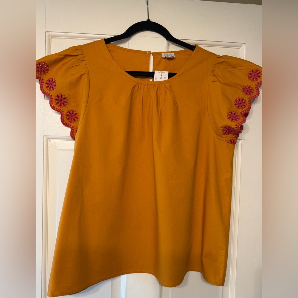 J. Crew Mustard Yellow/Orange Flutter-Sleeve Blouse with Pink Embroidery